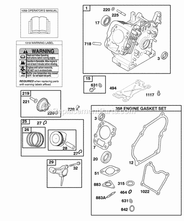 Cylinder Gasket Set - Engine OperatorS Manual Piston Rings Connecting Rod Warning Label Diagram and Parts List for 050032-0115-B1  Briggs and Stratton Engine